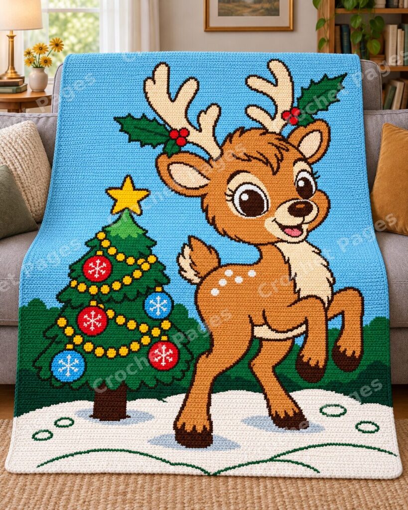 Christmas Reindeer and Tree crochet blanket large blanket mockup draped over a sofa