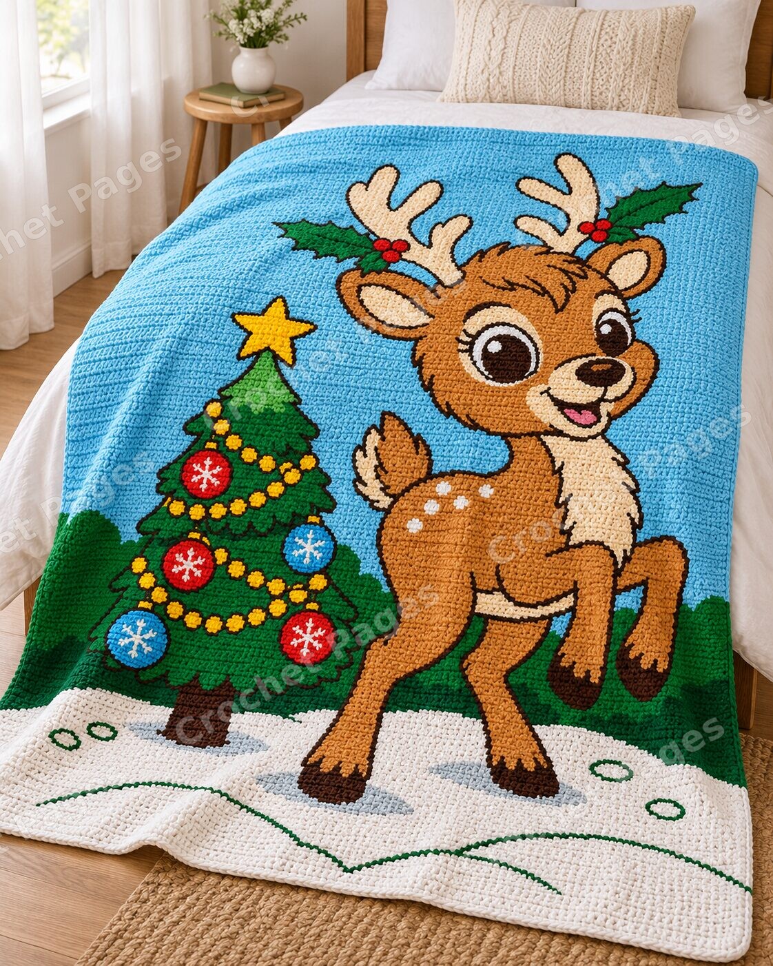 Christmas Reindeer and Tree crochet blanket large blanket mockup styled in a bedroom