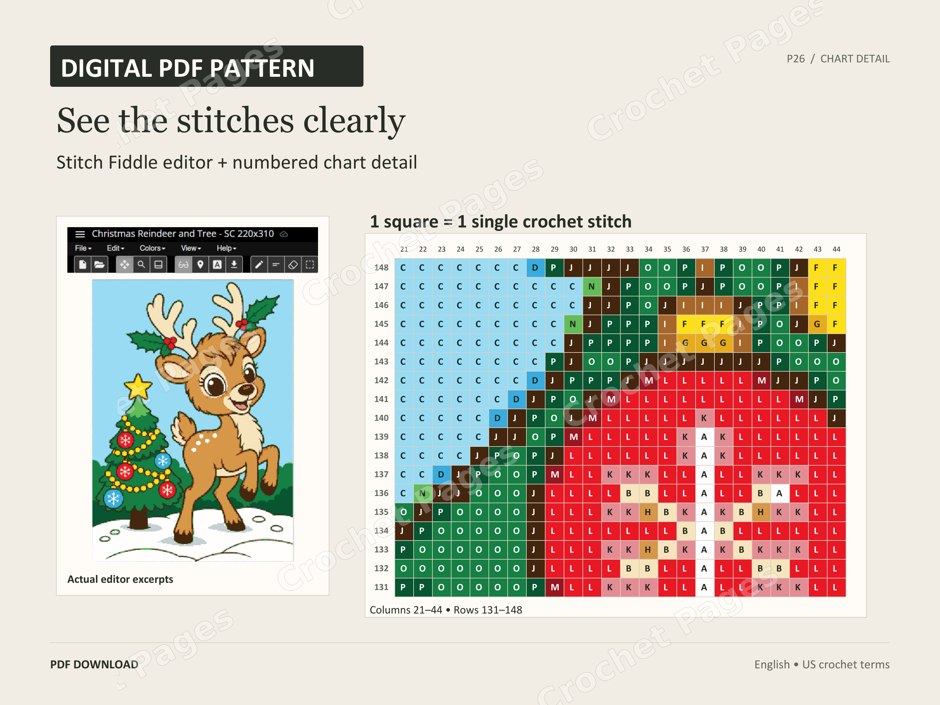 Christmas Reindeer and Tree crochet blanket authentic partial stitch chart detail