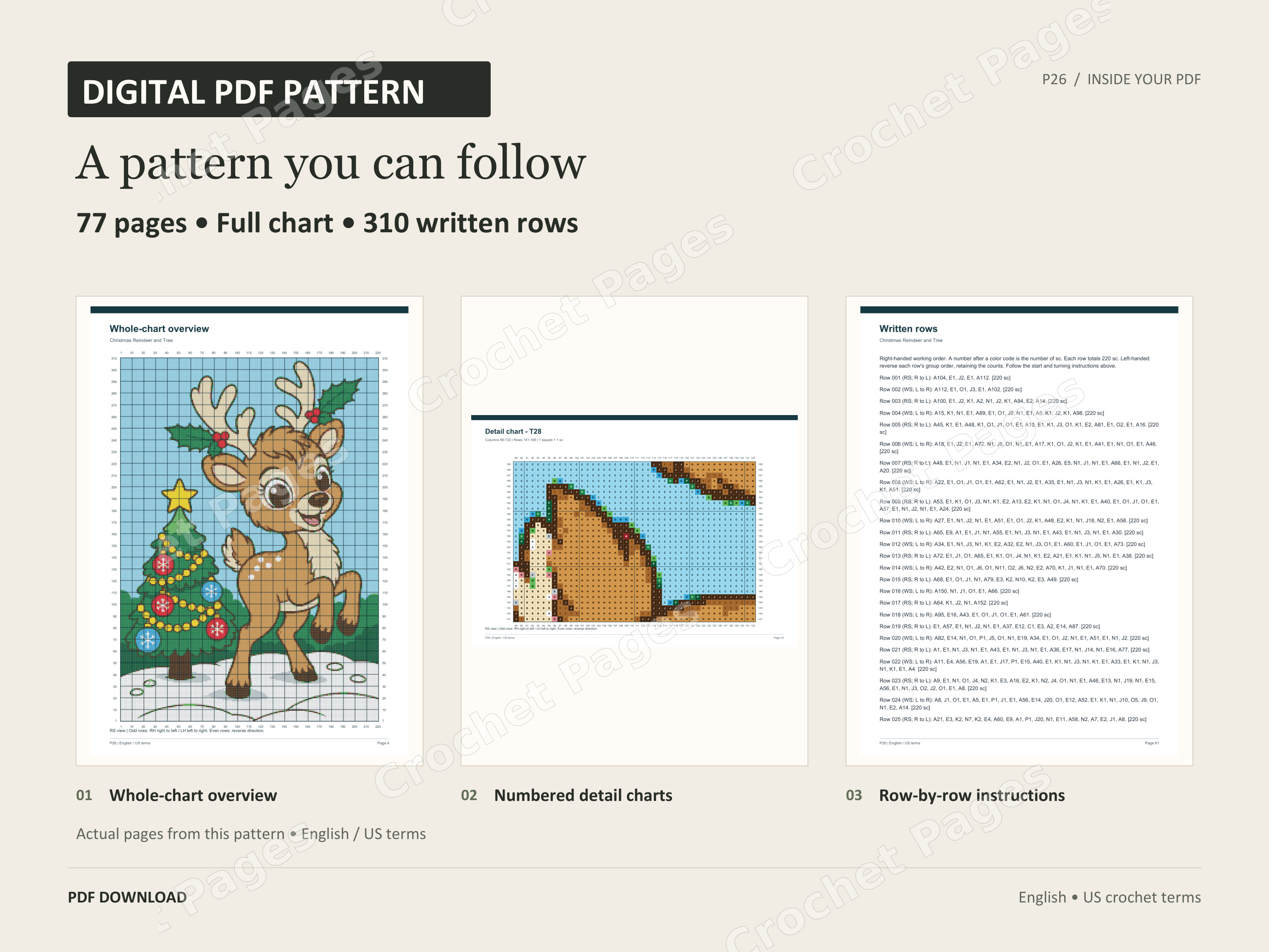 Christmas Reindeer and Tree crochet blanket sample chart and written row pages from the PDF