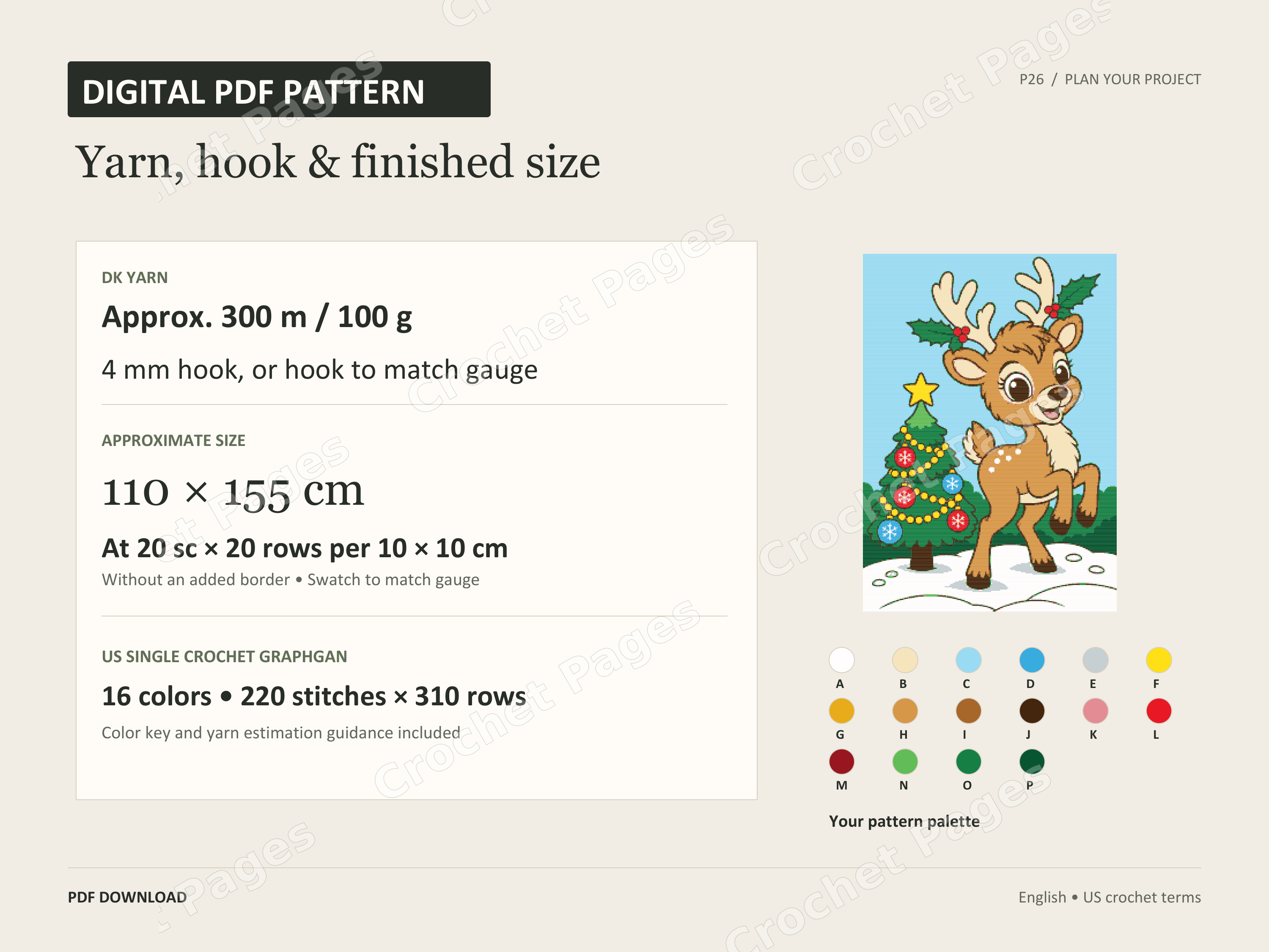 Christmas Reindeer and Tree crochet blanket materials, gauge and approximate size guide
