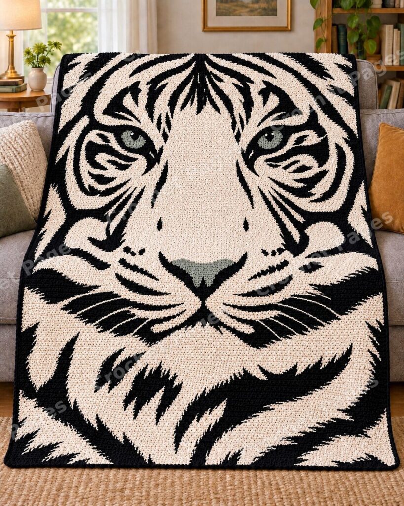 Tiger Gaze crochet blanket large blanket mockup draped over a sofa