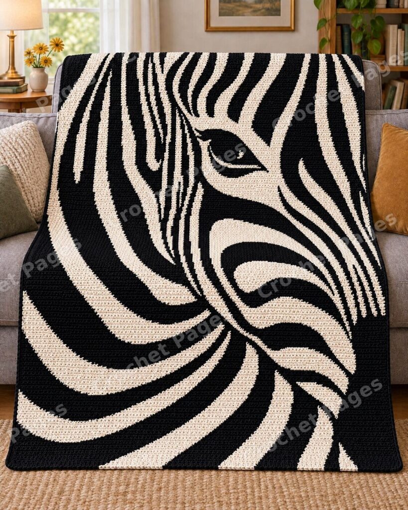 Zebra Face crochet blanket large blanket mockup draped over a sofa