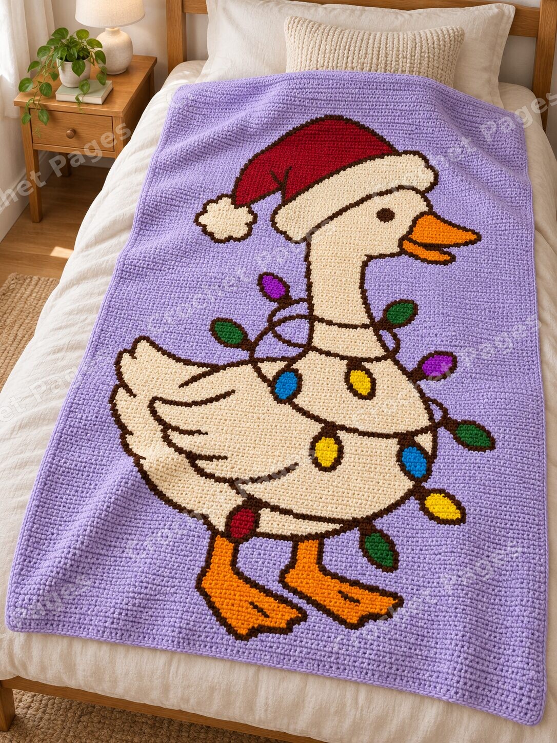 Christmas Goose with Lights crochet blanket large blanket mockup styled in a bedroom