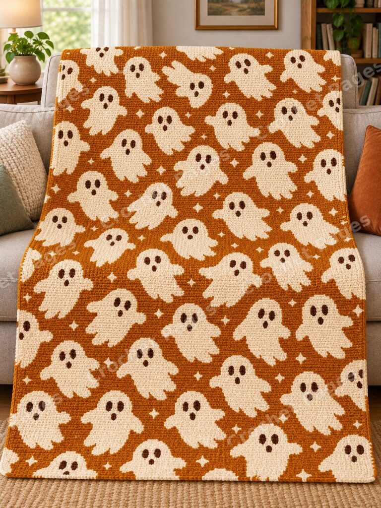 Scattered Ghosts crochet blanket large blanket mockup draped over a sofa