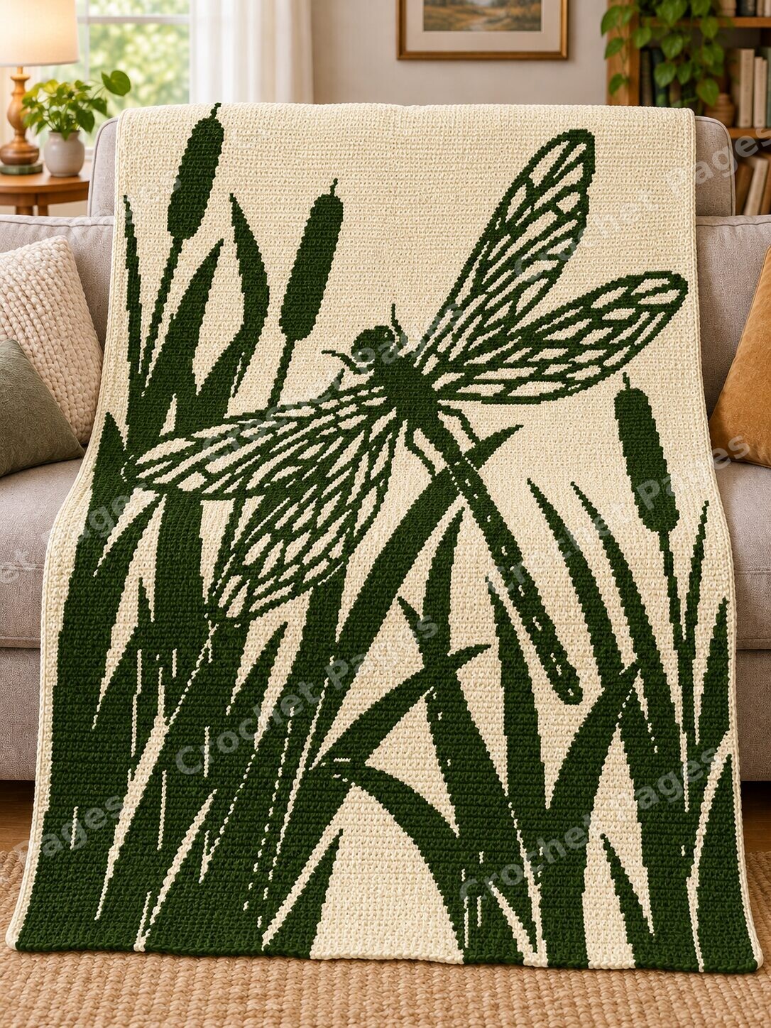 Dragonfly among Reeds crochet blanket large blanket mockup draped over a sofa