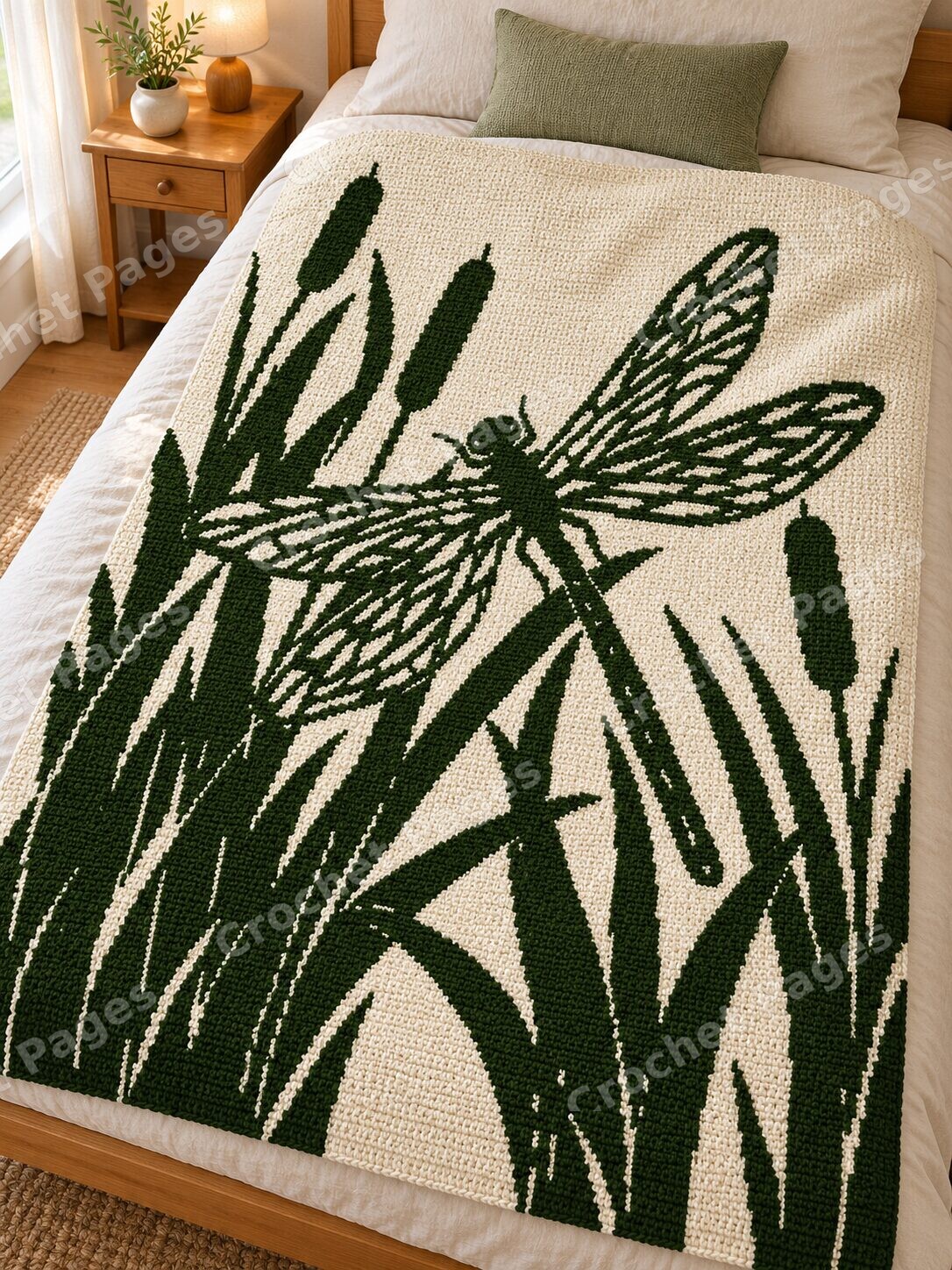 Dragonfly among Reeds crochet blanket large blanket mockup styled in a bedroom