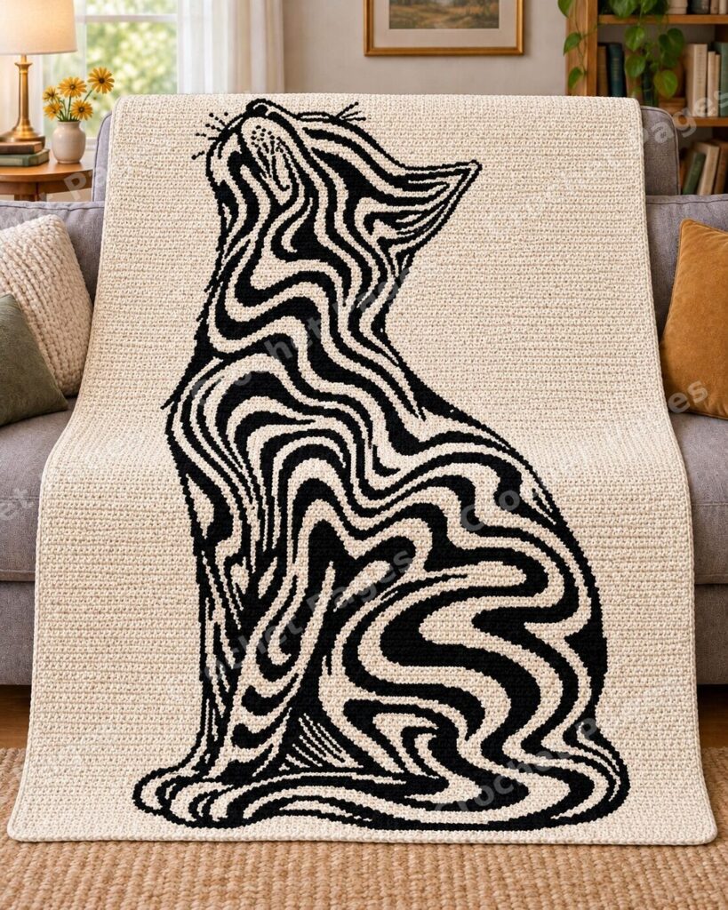 Striped Cat Looking Up crochet blanket large blanket mockup draped over a sofa