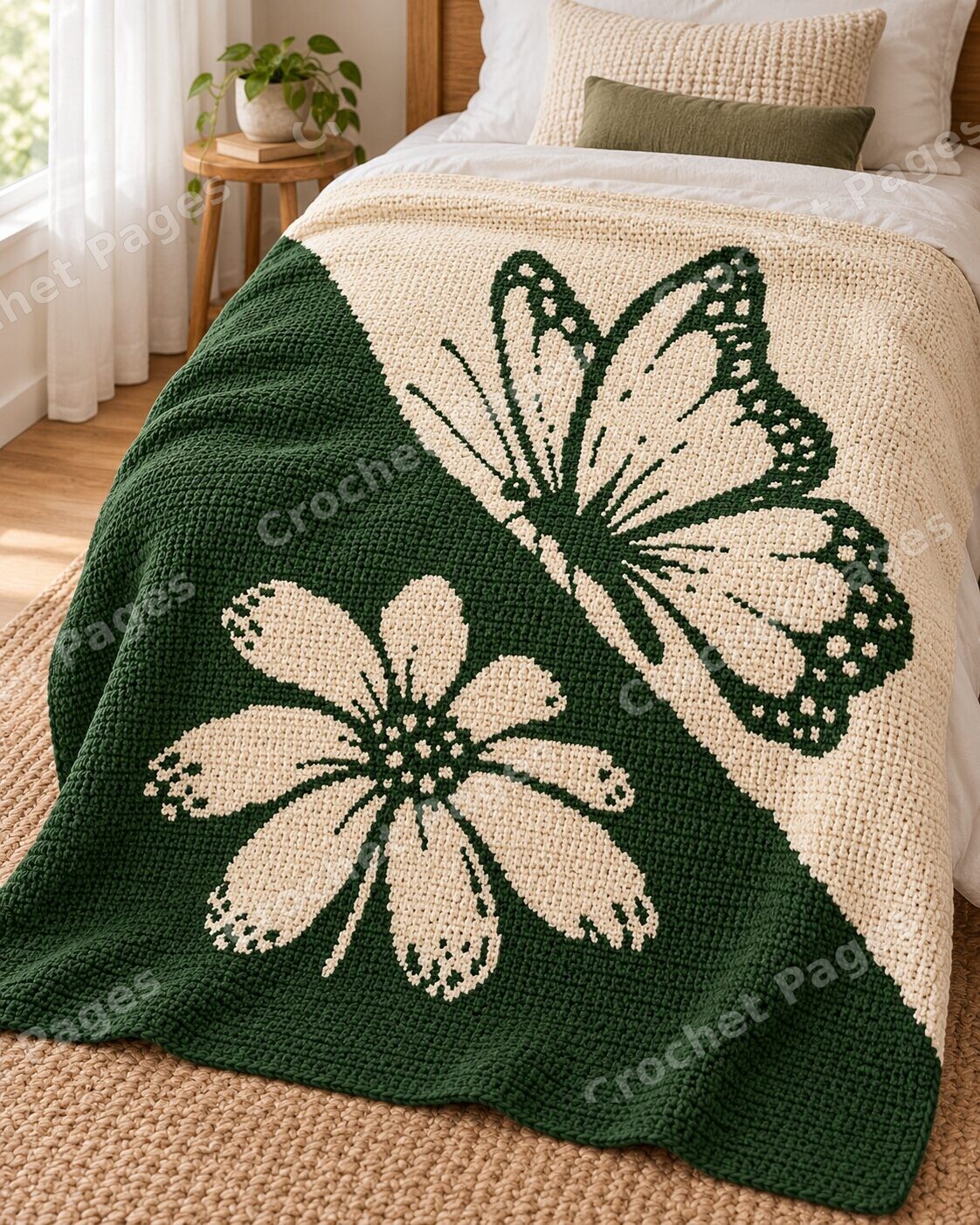 Butterfly and Flower crochet blanket large blanket mockup styled in a bedroom