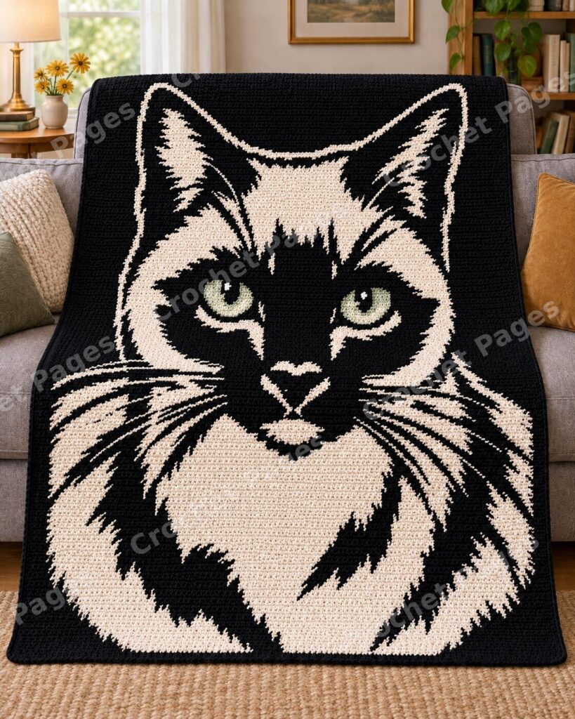 Tuxedo Cat Portrait crochet blanket large blanket mockup draped over a sofa