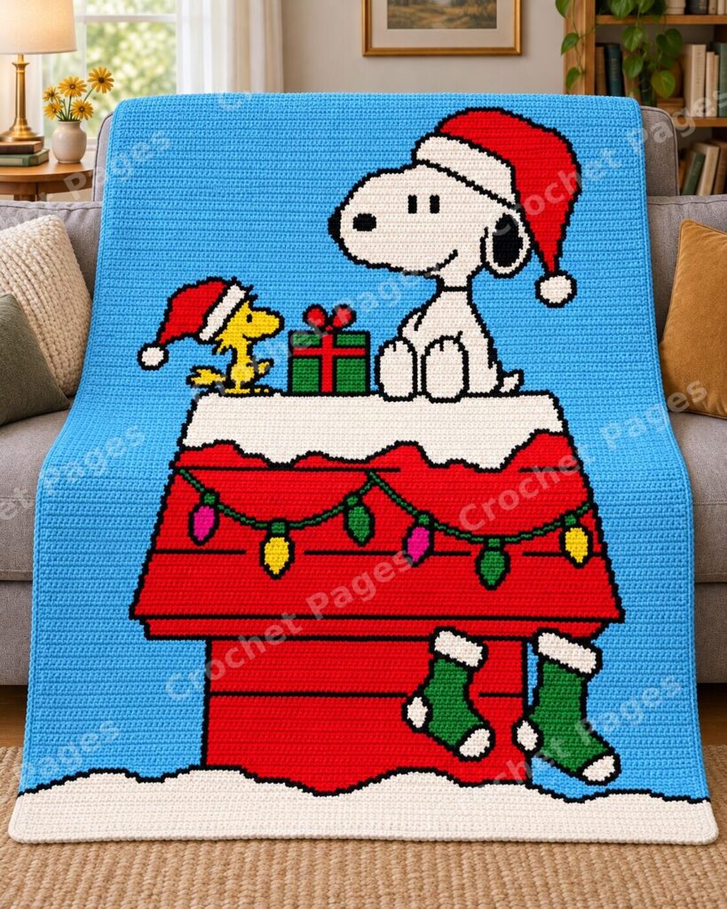Snoopy Christmas Doghouse crochet blanket large blanket mockup draped over a sofa