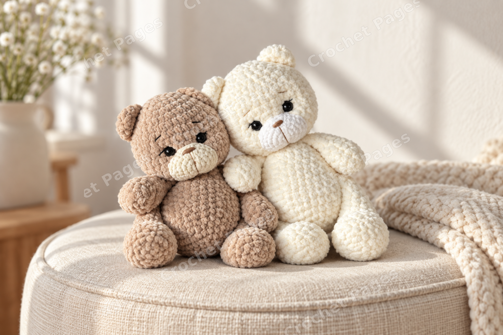 Small chenille teddy bear with round ears and a shaped muzzle.