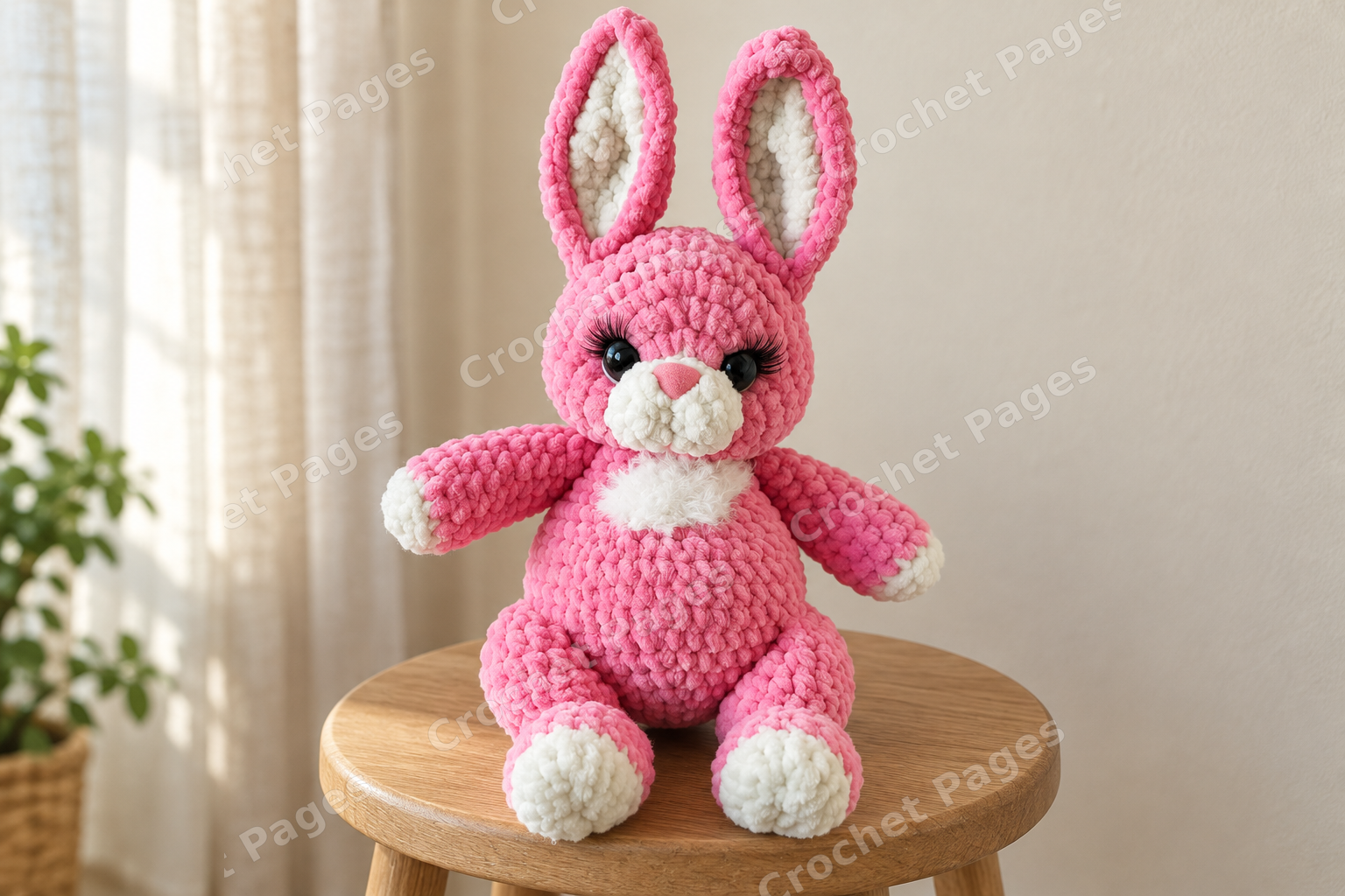 Pink plush crochet bunny with tall ears and an embroidered face.
