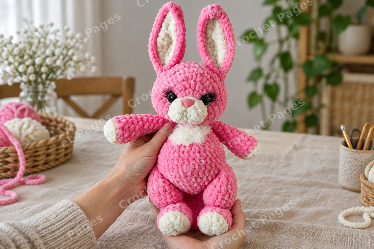Pink plush crochet bunny with tall ears and an embroidered face; a closer view of the yarn sample.