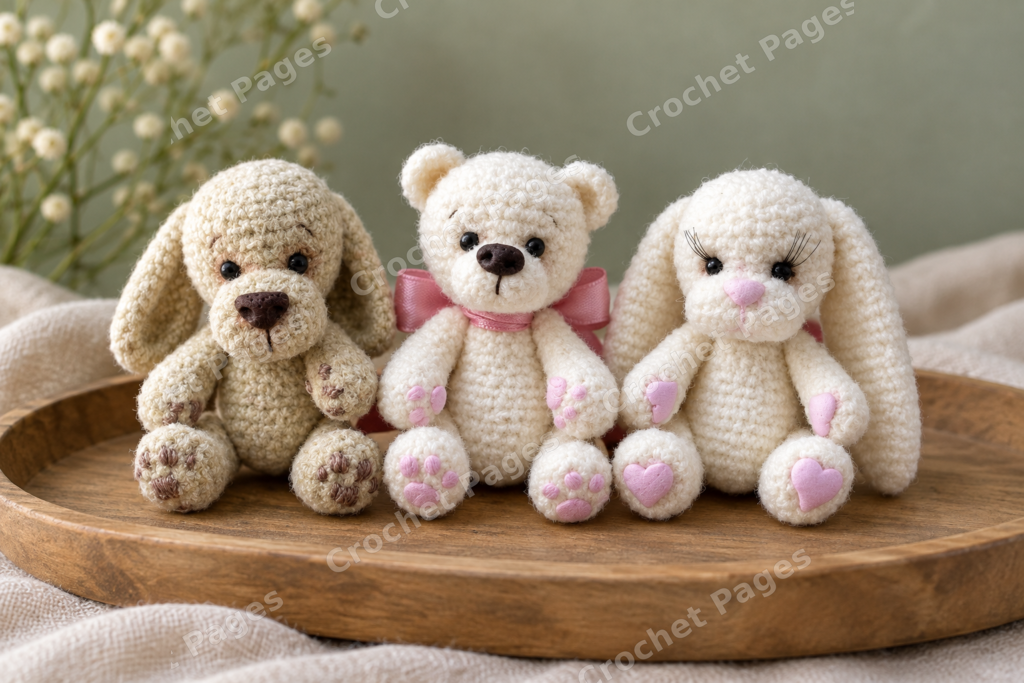 Mini crocheted teddy bear, puppy and bunny animal samples.