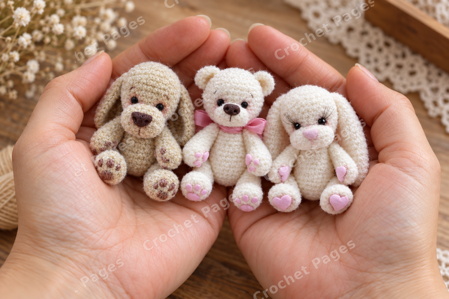 Mini crocheted teddy bear, puppy and bunny animal samples; a closer view of the yarn sample.