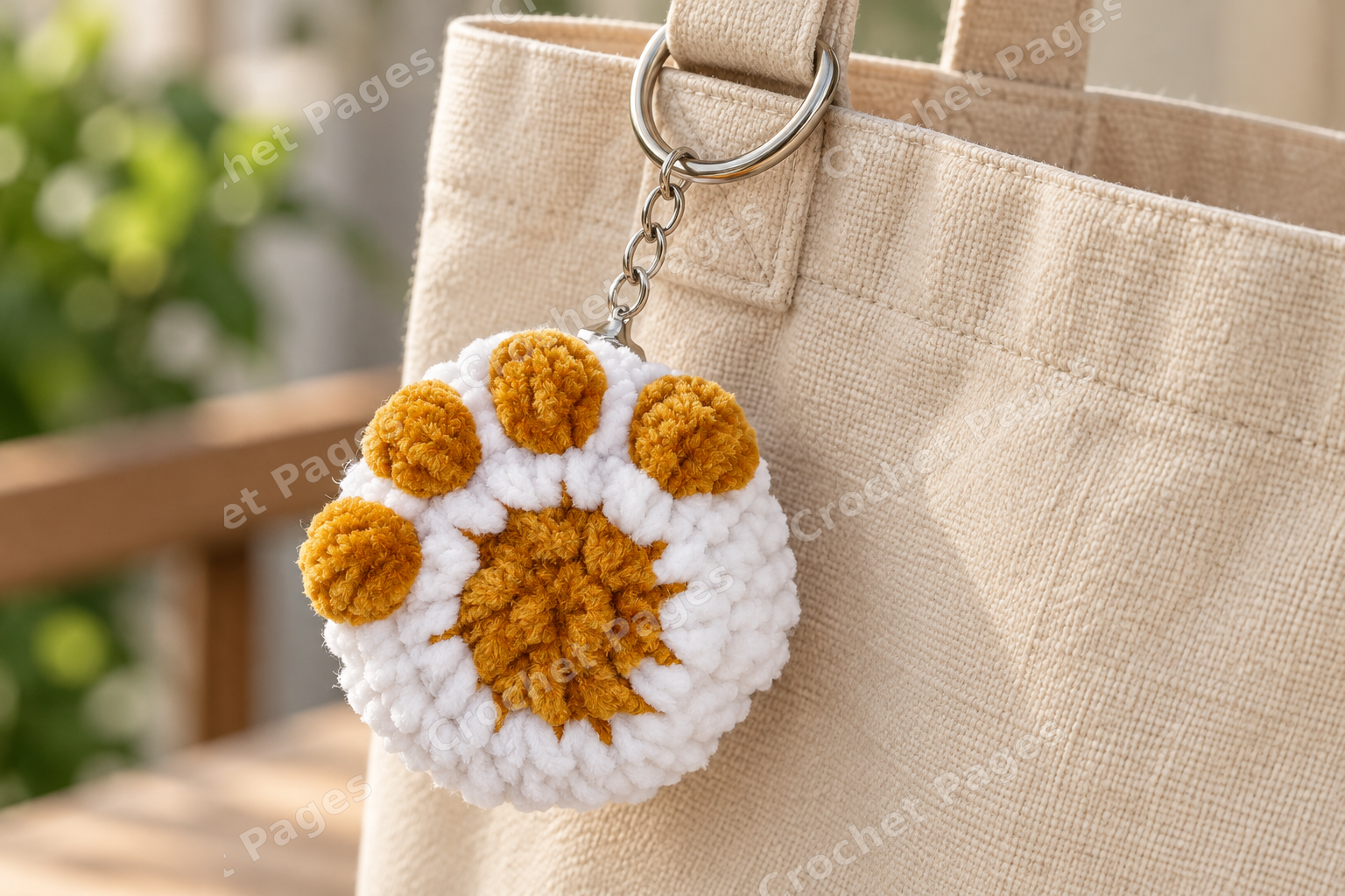 Chenille paw keychain with raised toe pads and a crocheted paw pad; a closer view of the yarn sample.