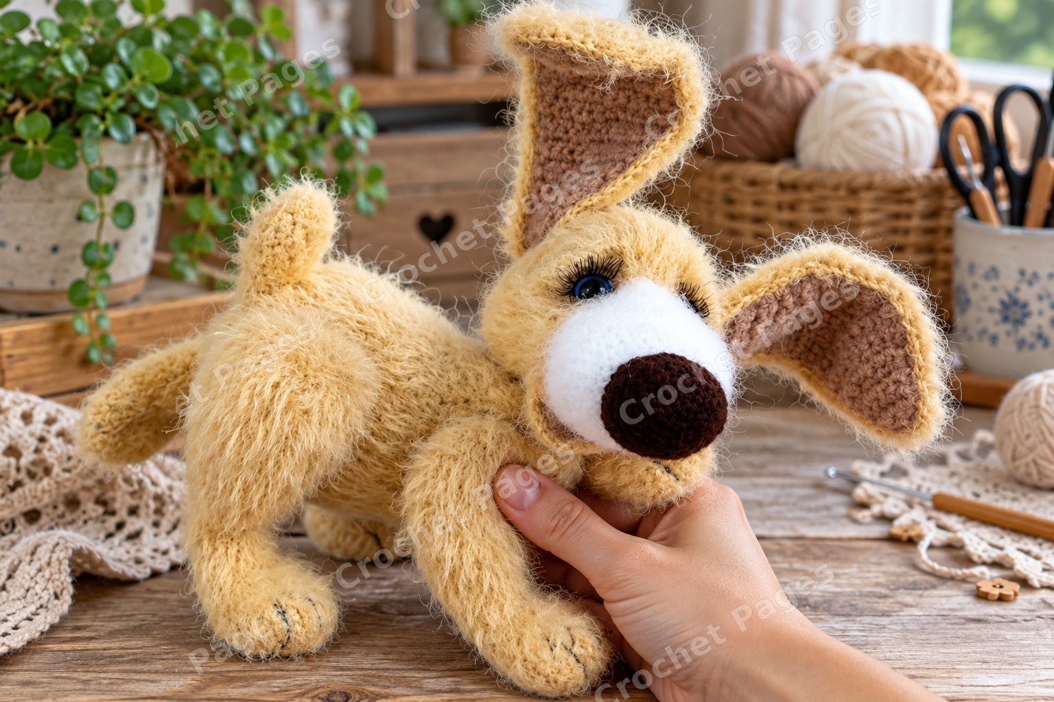 Fuzzy crocheted dog with long ears and a shaped muzzle; another view of the finished crochet sample.