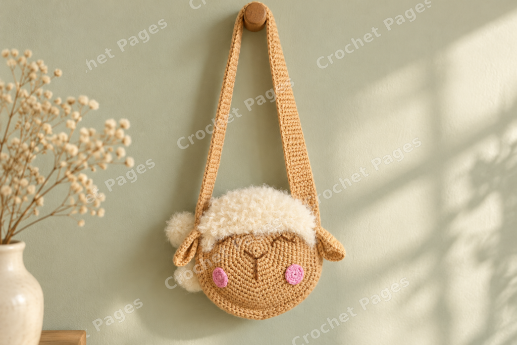 Round sheep purse with sleepy embroidered eyes, fluffy trim and a shoulder strap.