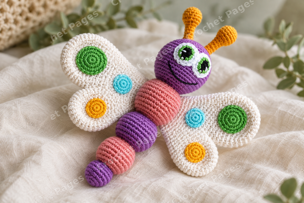 Colorful crocheted butterfly with spotted wings and curled antennae.