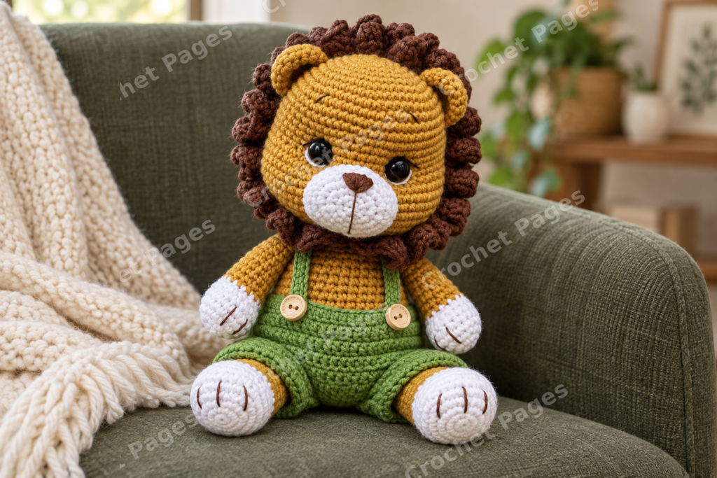 Crocheted lion cub with a curly mane and green overalls.