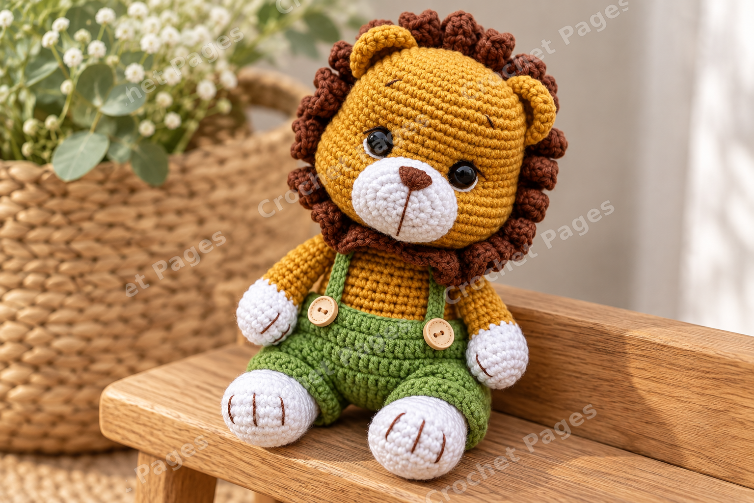 Crocheted lion cub with a curly mane and green overalls; another view of the finished crochet sample.