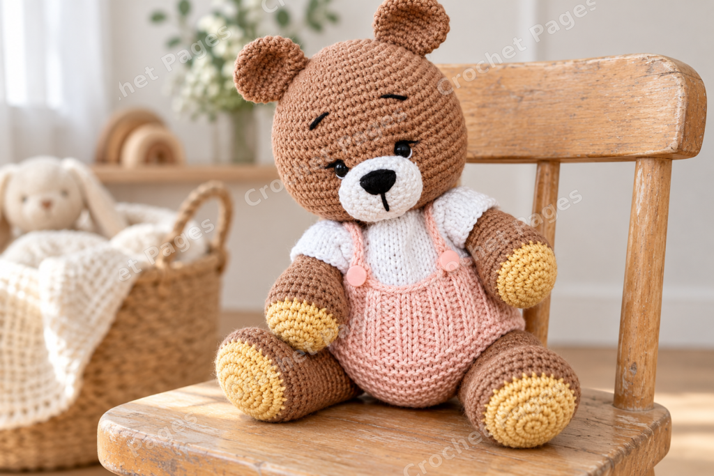 Crocheted teddy bear with clothing from the bear and outfit pattern.