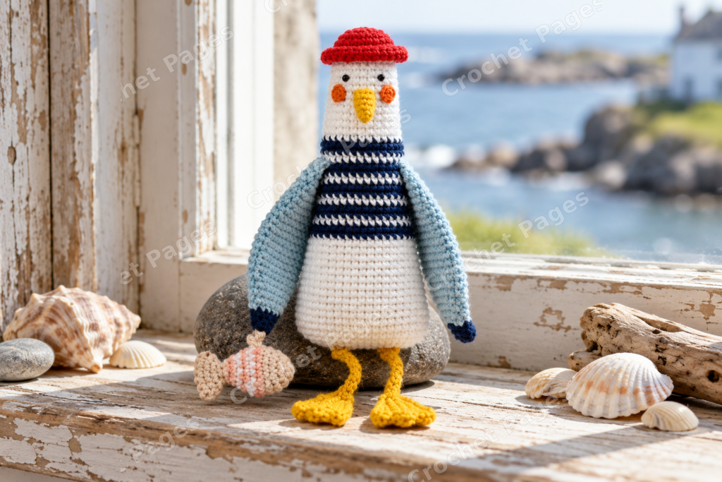 Crocheted seagull with a red hat, orange feet and a fish accessory.