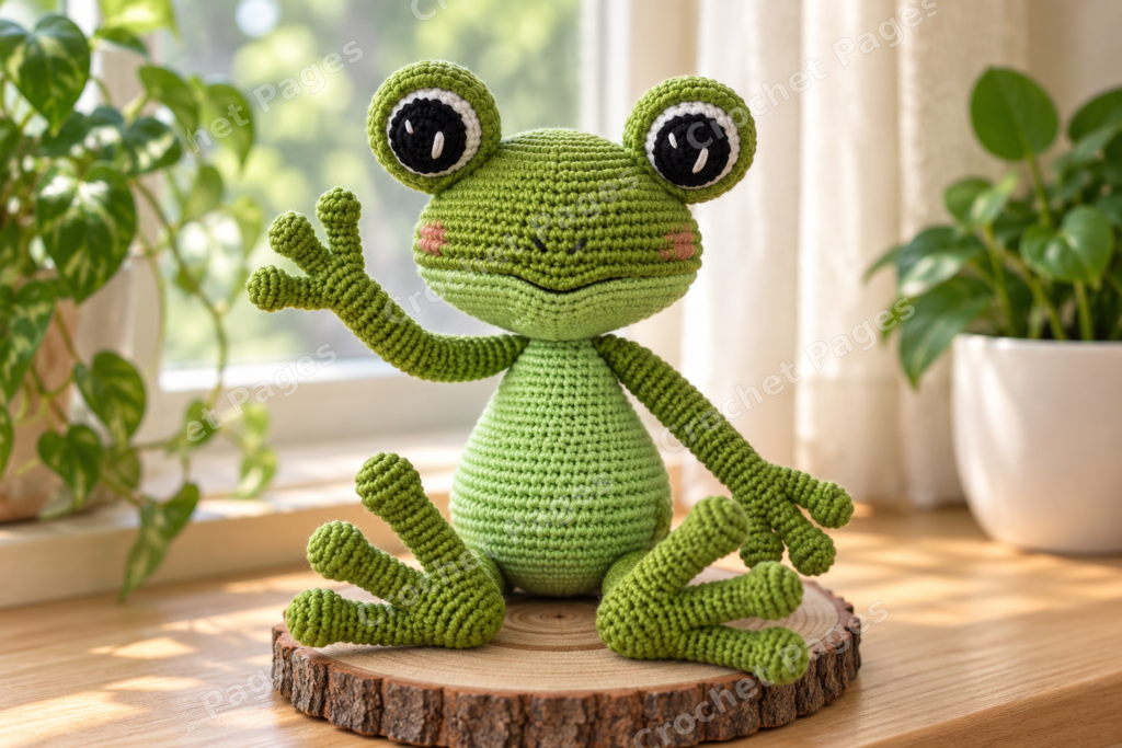 Long limbed crocheted frog with large shaped eyes.