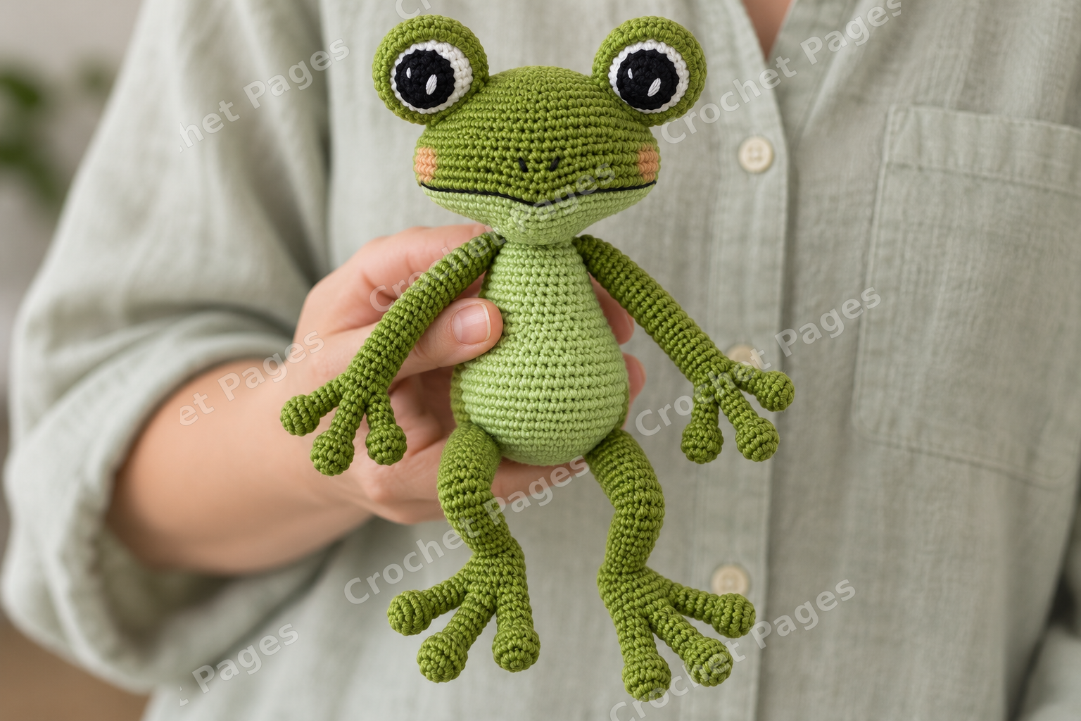 Long limbed crocheted frog with large shaped eyes; a closer view of the yarn sample.