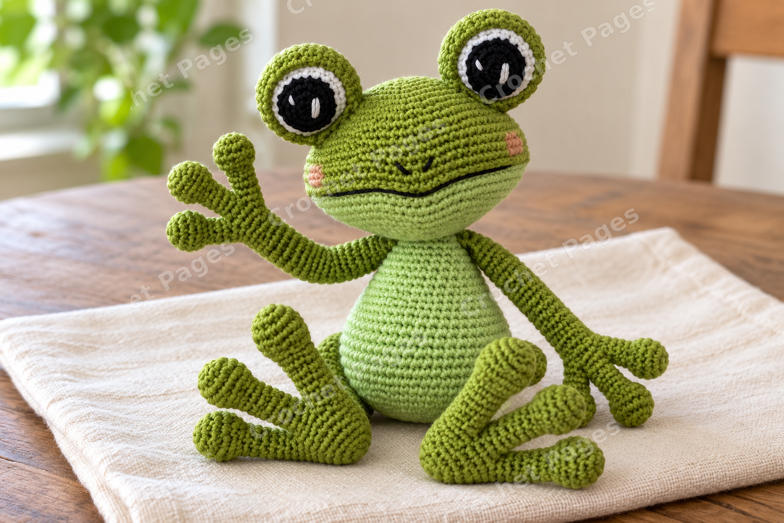 Long limbed crocheted frog with large shaped eyes; another view of the finished crochet sample.