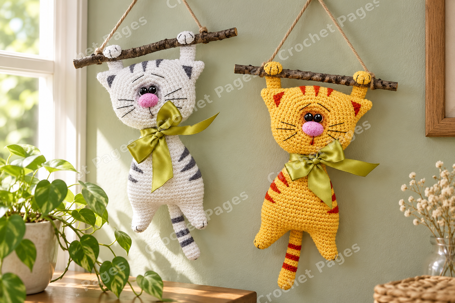 Little crocheted cat with a clay face and long thin legs.