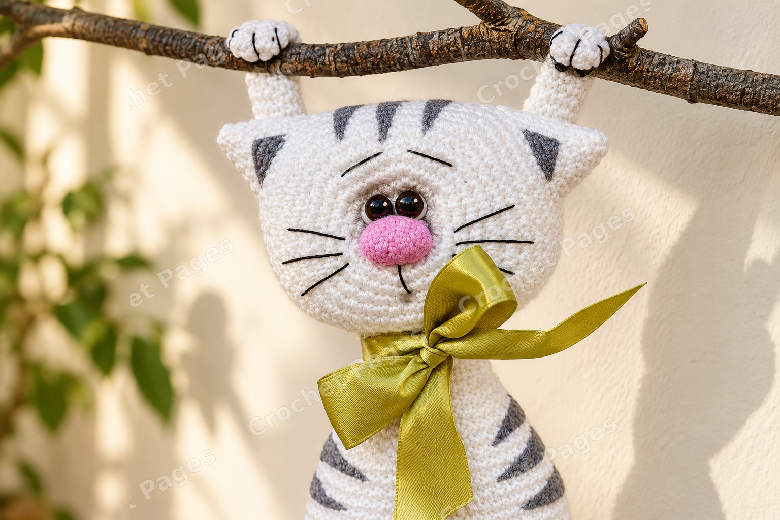 Little crocheted cat with a clay face and long thin legs; another view of the finished crochet sample.