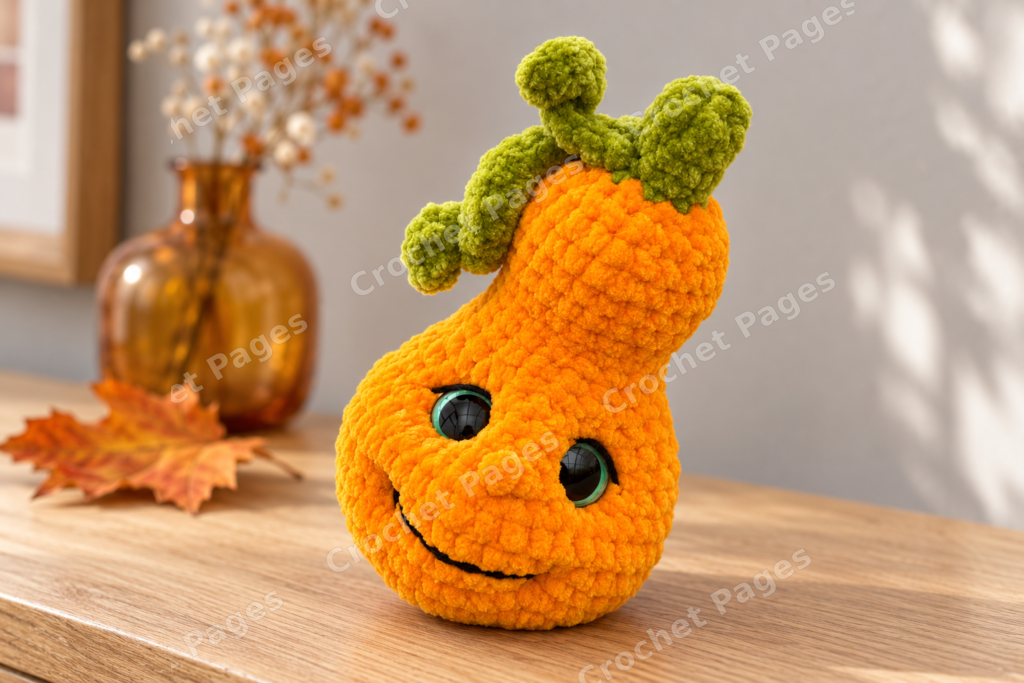 Smiling chenille pumpkin with a stem and curled leaves.