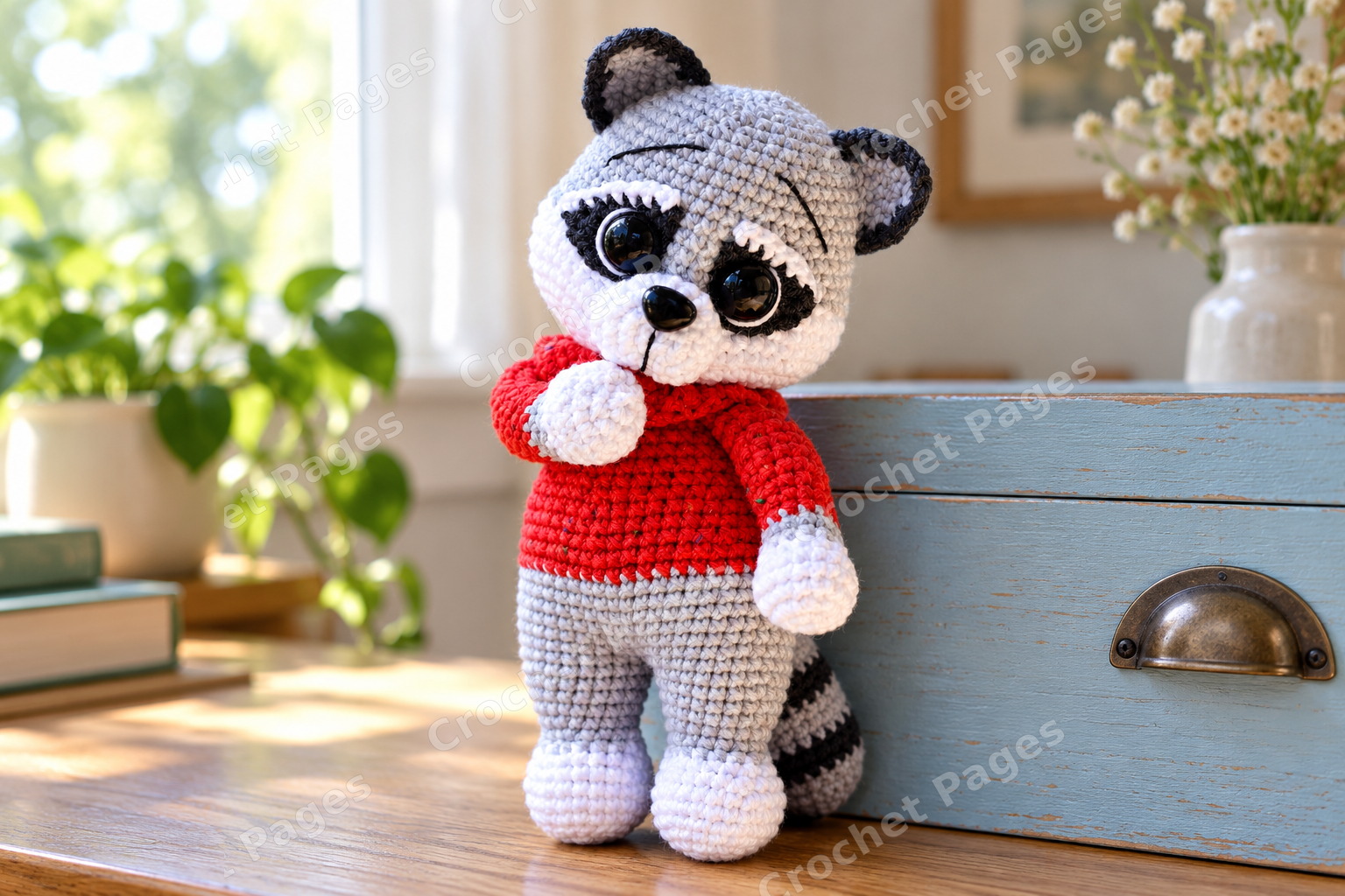 Crocheted raccoon with a striped tail, dark eye mask and red scarf.