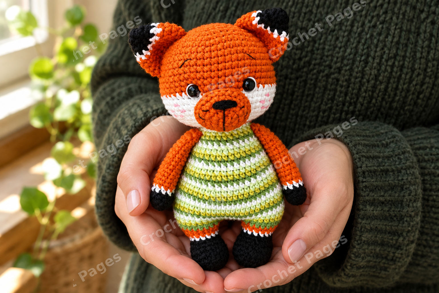 Crocheted fox cub with a green striped body and white muzzle; a closer view of the yarn sample.