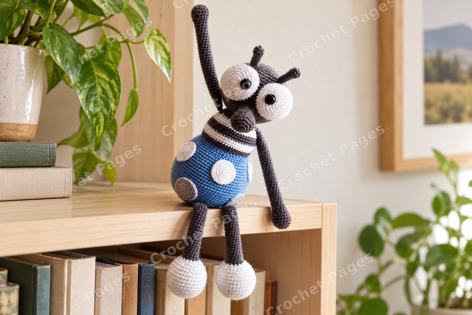 Crocheted mosquito with large eyes, a long nose and striped body.
