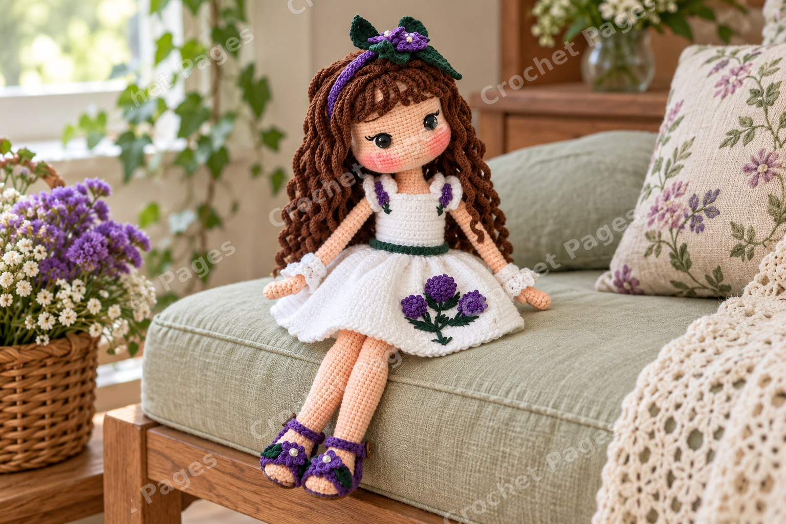 Crocheted girl doll with a purple dress and flower headband; another view of the finished crochet sample.
