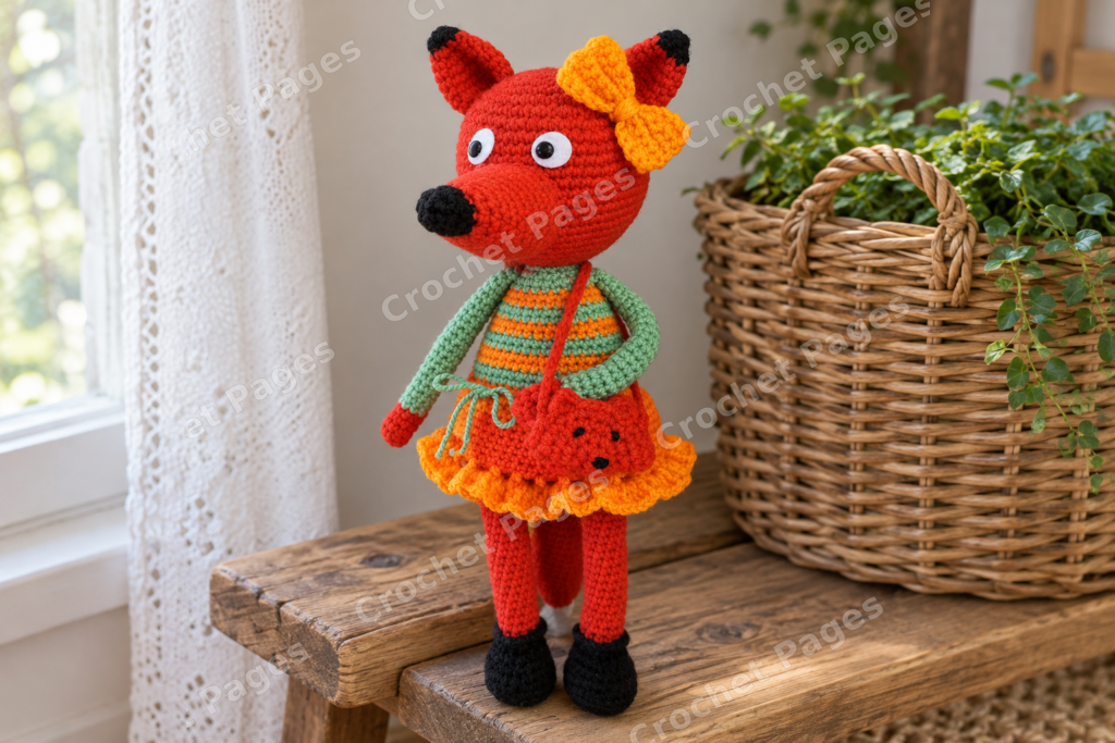 Crocheted fox doll with a ruffled skirt, bow and cat face shoulder bag.