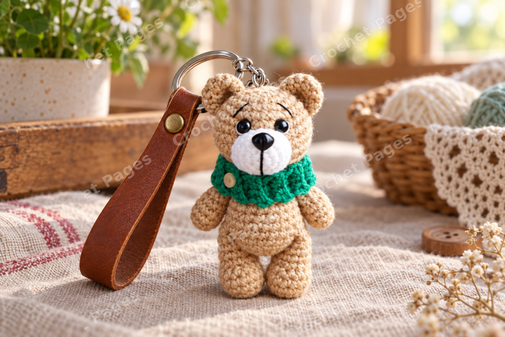 Mini crochet bear keychain with a ribbed cowl.