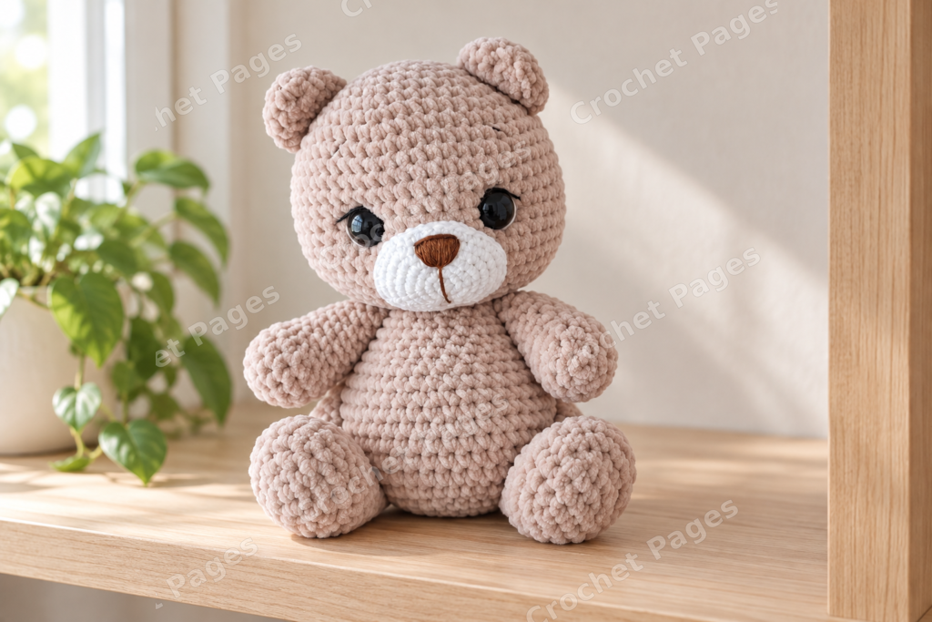 Small chenille crochet teddy bear with an oval muzzle.