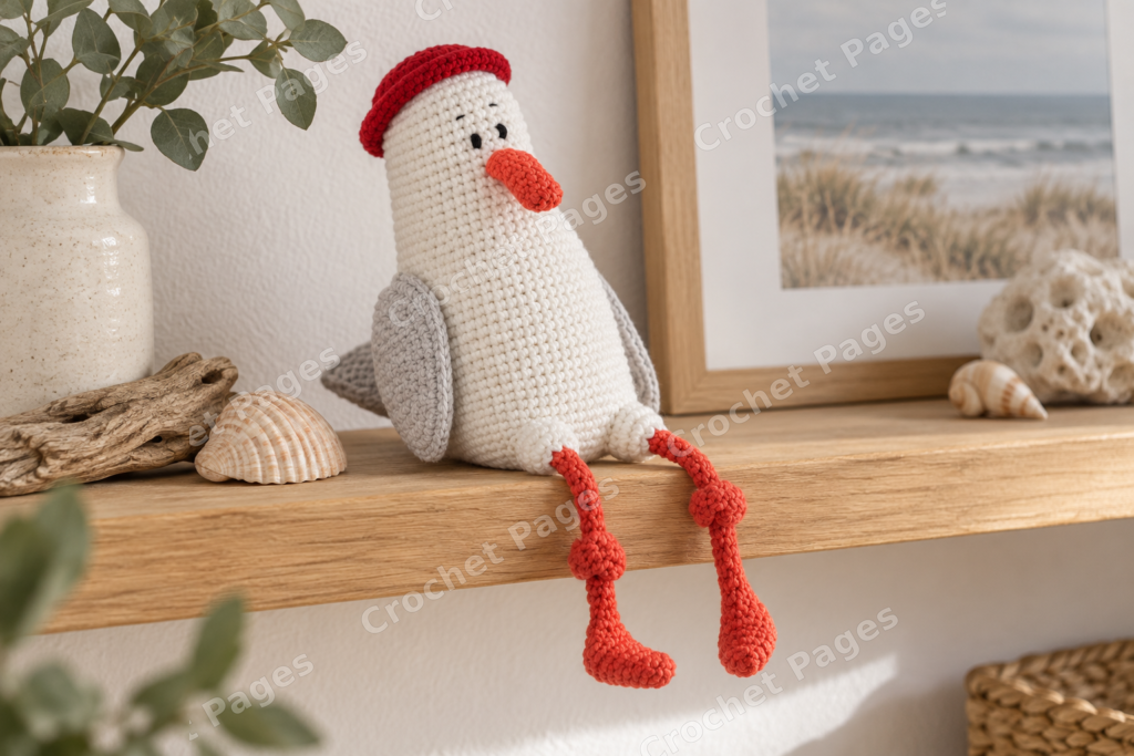 Crocheted seagull with long orange legs, gray wings and a red hat.