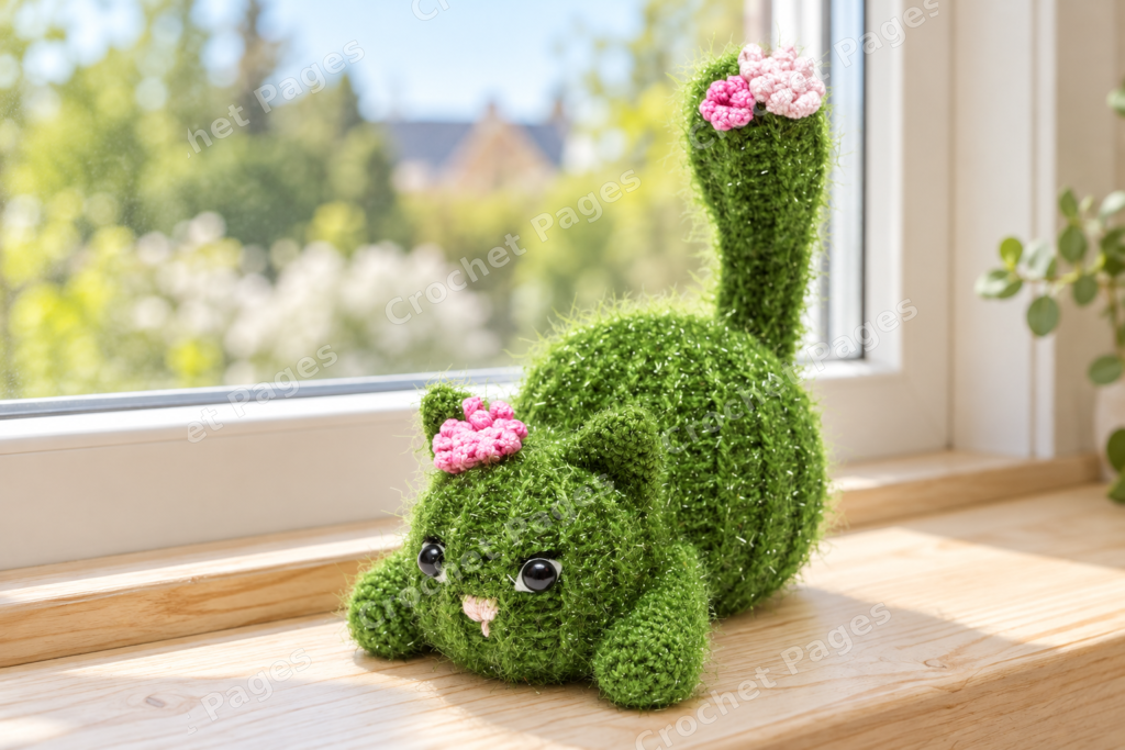 Green crocheted cat cactus with ribbed stitches and pink flowers.