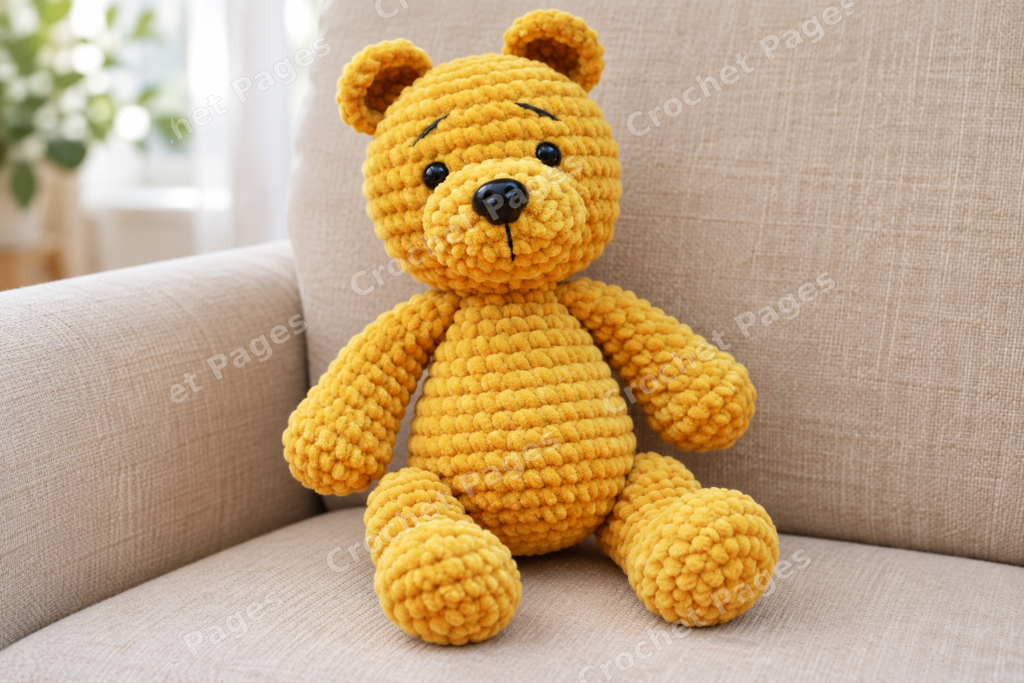 Plush crochet teddy bear with a shaped oval muzzle.