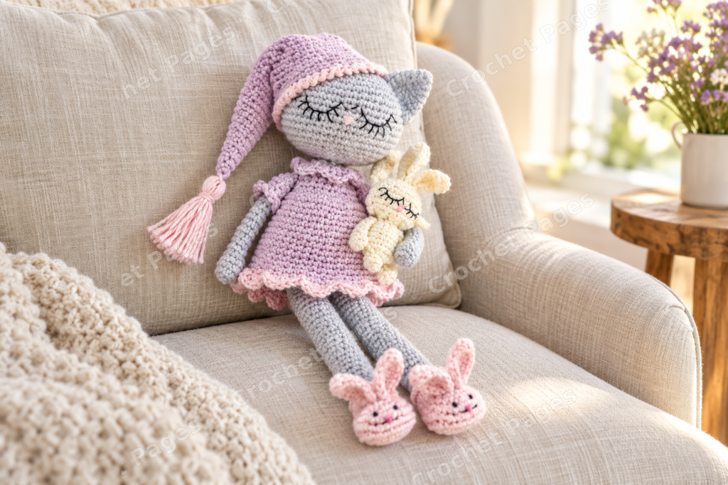 Sleepy crochet cat with a nightdress, sleeping cap and bunny slippers.