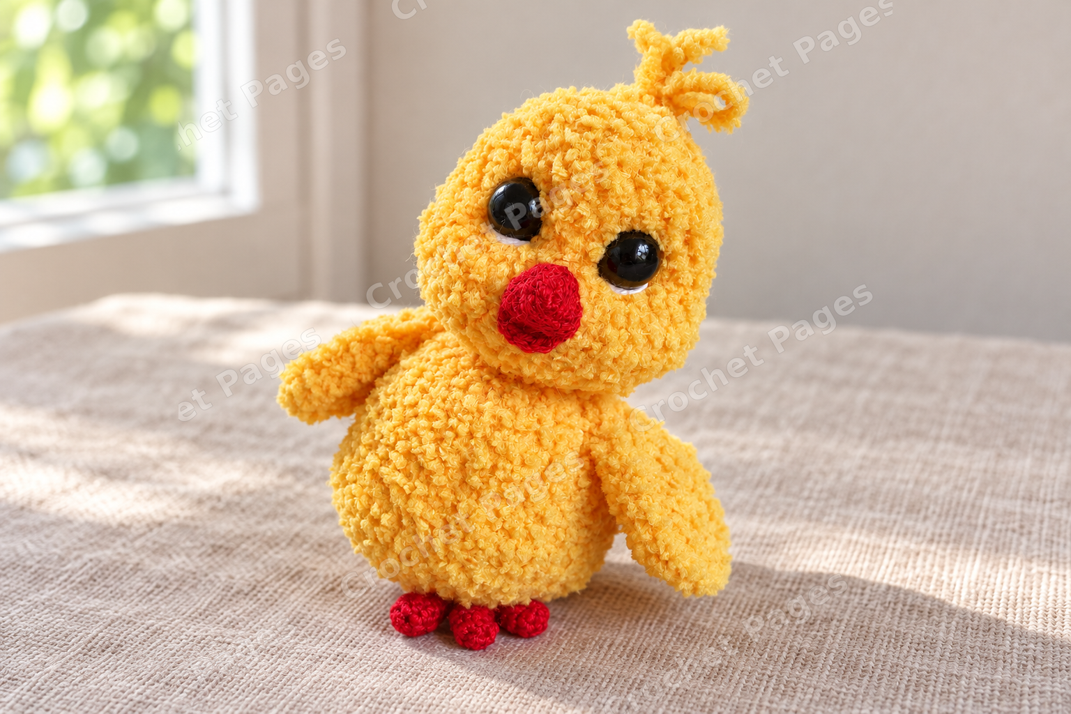Yellow crochet chick with a red beak and three toed feet.