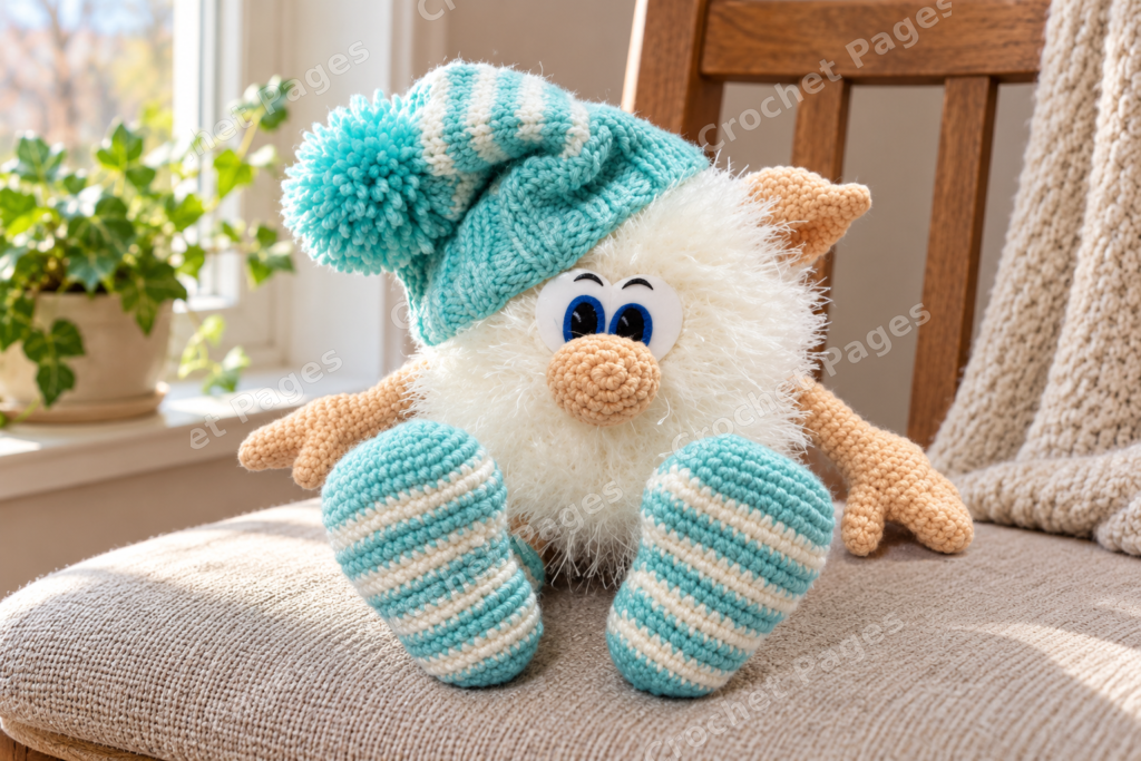 Fuzzy house spirit with a striped knitted hat, long socks and large nose.