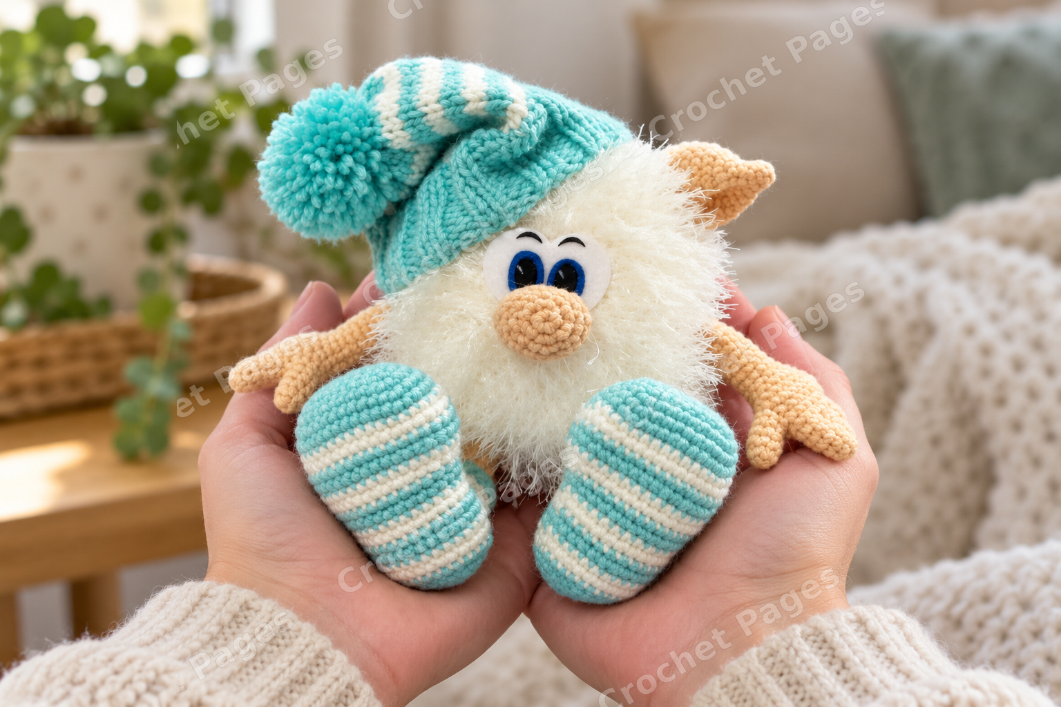 Fuzzy house spirit with a striped knitted hat, long socks and large nose; a closer view of the yarn sample.