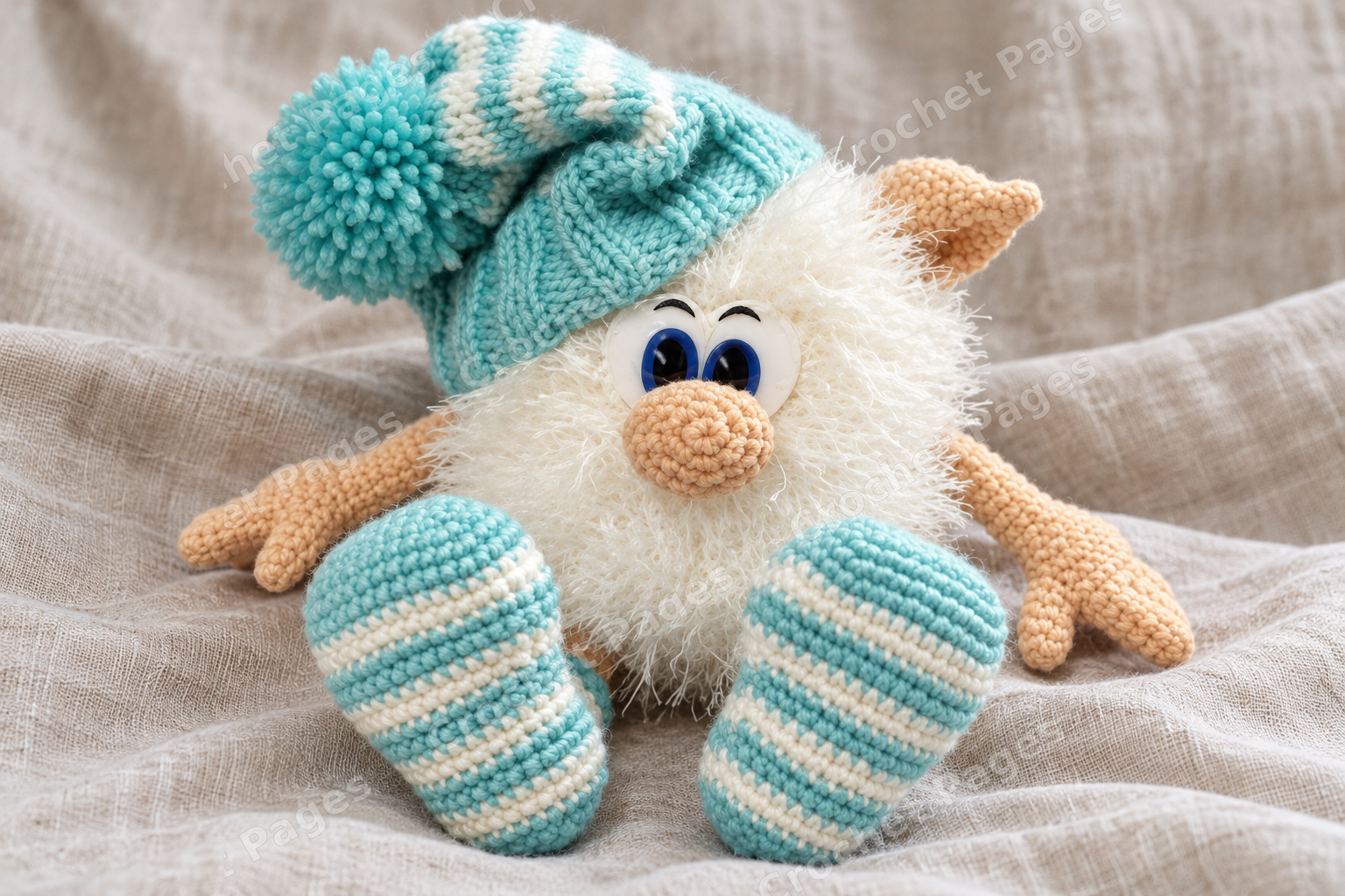 Fuzzy house spirit with a striped knitted hat, long socks and large nose; another view of the finished crochet sample.