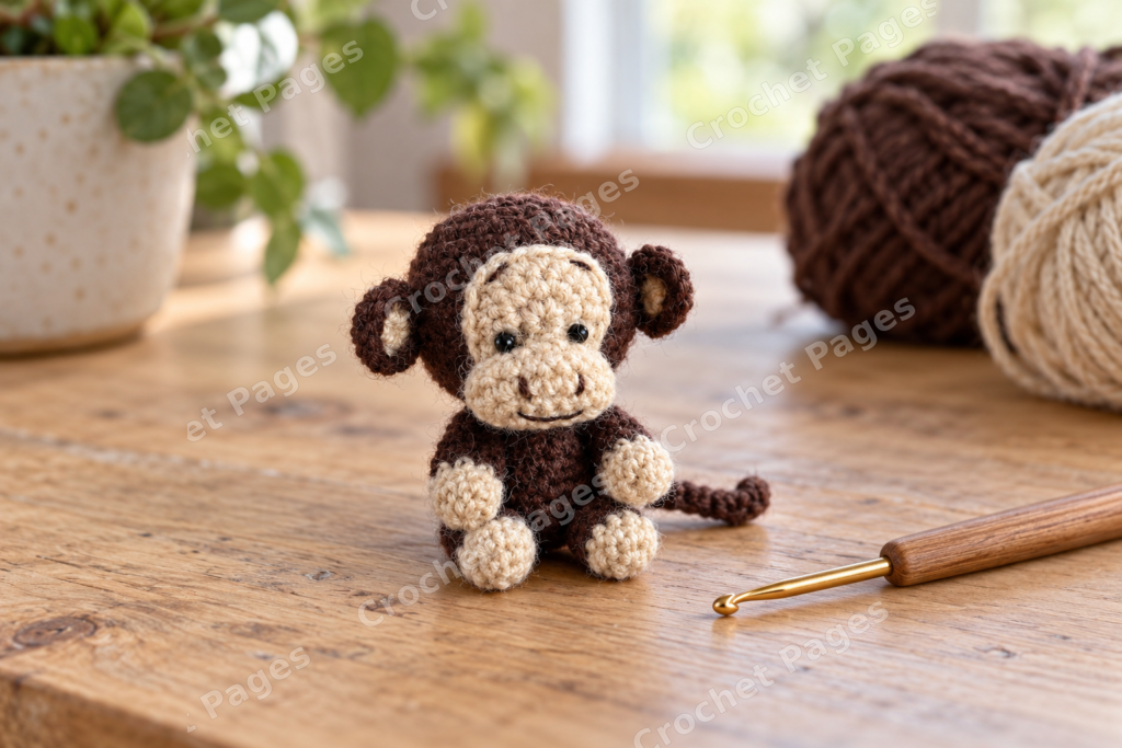 Mini crocheted monkey with a pale muzzle and jointed limbs.